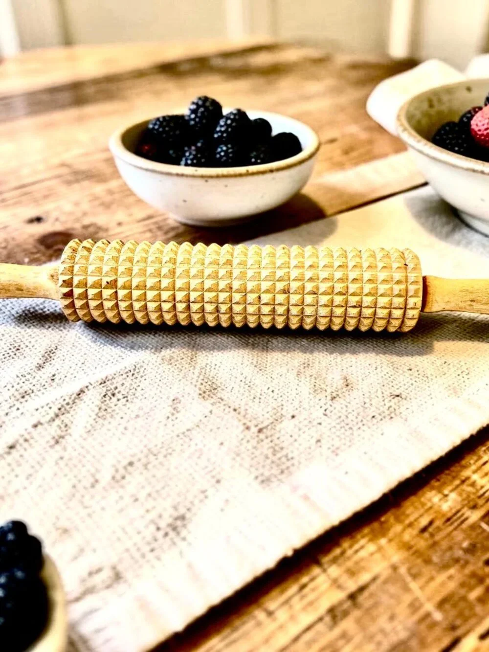 Rolling Pin Vtg Wood Sweden Notched Cutter Grooved Grid Crackers Lefse or Pasta